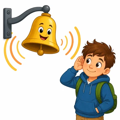 A child listens to a ringing school bell.