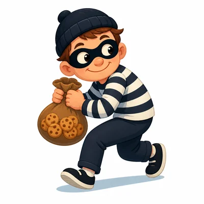 A cartoon thief sneaks away with a small bag.