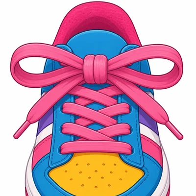 A shoelace tied in a knot and bow.