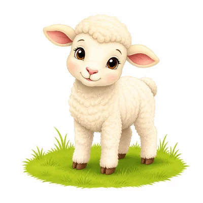 A fluffy lamb standing on grass.