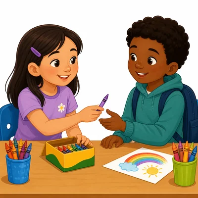 A child shares crayons with a new student in a classroom.