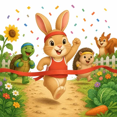 A determined rabbit wins a garden race after practicing.