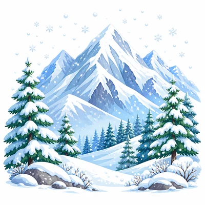 A snowy mountain in winter with snow-covered trees and falling snow.