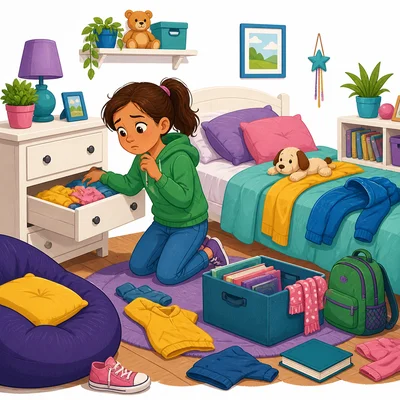 A worried child searches a bedroom for a missing library book.