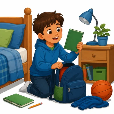 A child finds a library book inside a backpack near the bed.