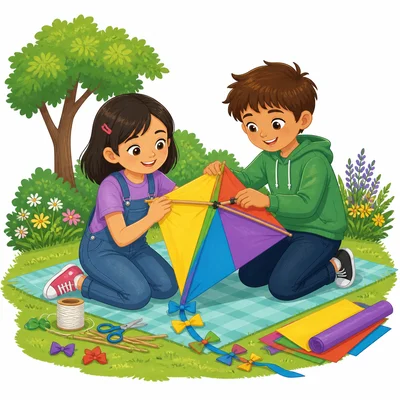 Two children build a colorful kite together in a park.