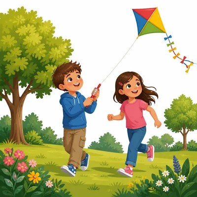 Two children with a kite in a sunny park.