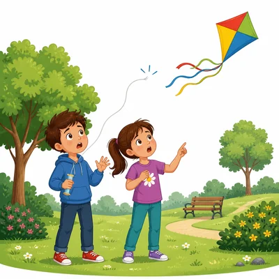Two children notice that their kite string has broken in the park.