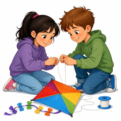 Two children work together to fix a broken kite string.
