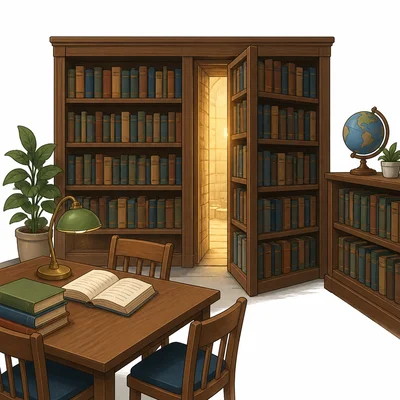 School library scene with a hidden door opening inside a bookshelf.