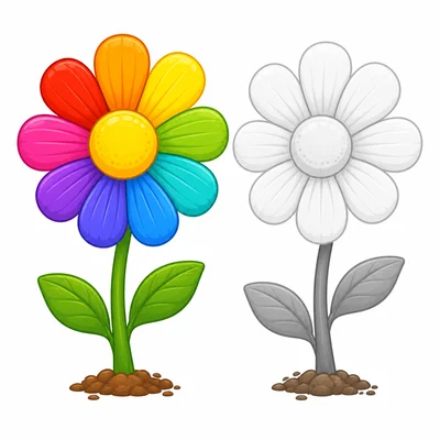 A colorful flower next to a gray colorless flower.