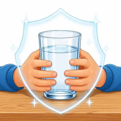 Hands hold a strong glass carefully on a table.
