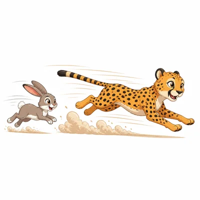 A cheetah runs ahead of a rabbit to show faster speed.