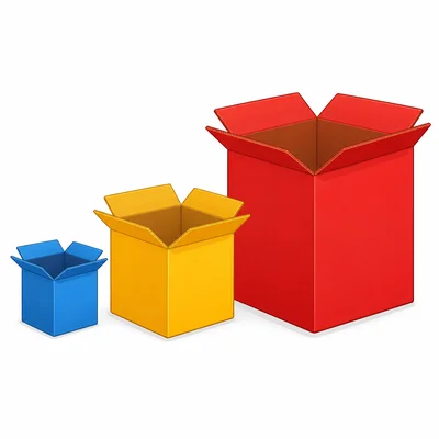 Three boxes of different sizes, with the red box the biggest.