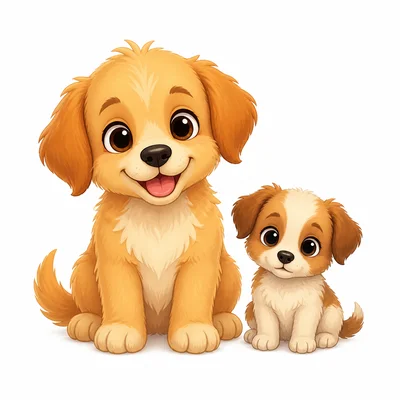 Two puppies, with the puppy on the right smaller than the one on the left.
