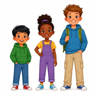 Three children stand in order from shorter to tallest.