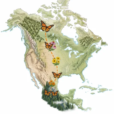 Monarch butterflies migrating south across a simplified map toward forests.