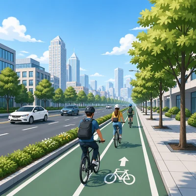 Cyclists ride in a protected bike lane on a city street with cars and trees nearby.