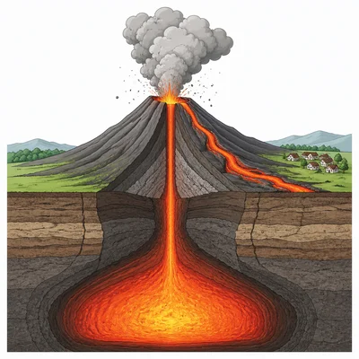Cutaway diagram of a volcano showing magma rising and erupting at the surface.
