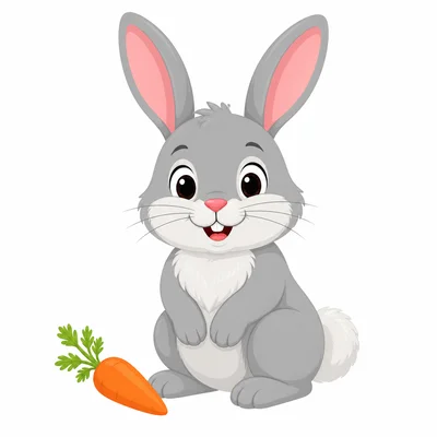 A cute rabbit sitting beside a carrot.