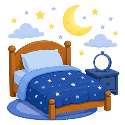 A cozy bed at night with a moon and a blank clock.