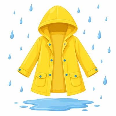 A yellow raincoat with raindrops and a puddle.