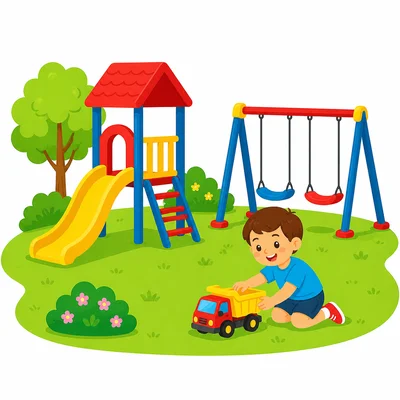 A colorful playground with a slide and swings.