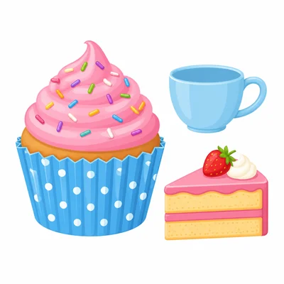 A cupcake with a cup and a slice of cake nearby.