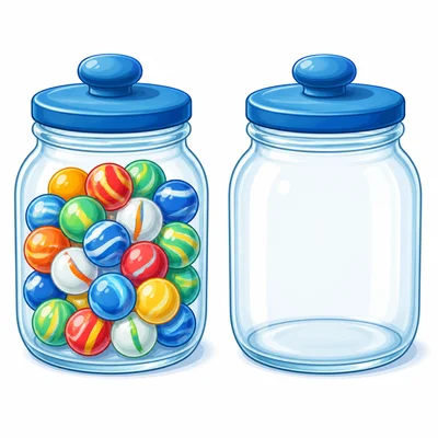 One jar is full of marbles and one jar is empty.