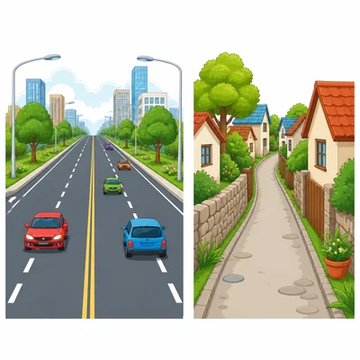 A wide road and a narrow road show opposite widths.