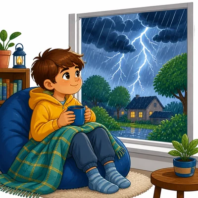 A brave child stays calm during a storm.
