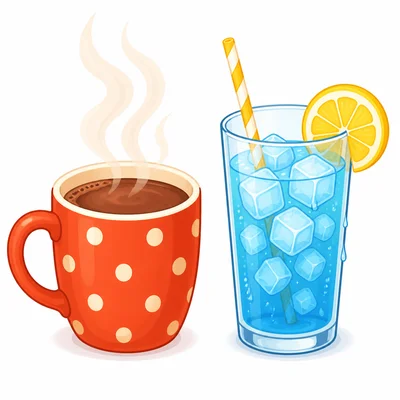 A hot steaming mug and a cold icy drink.