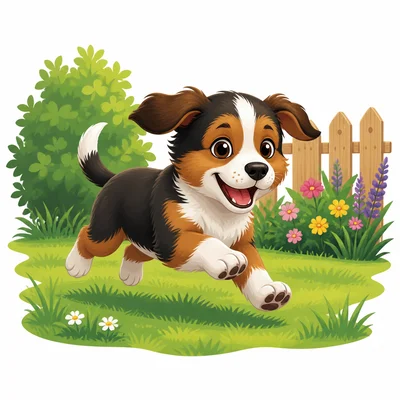 A small puppy runs across a yard.