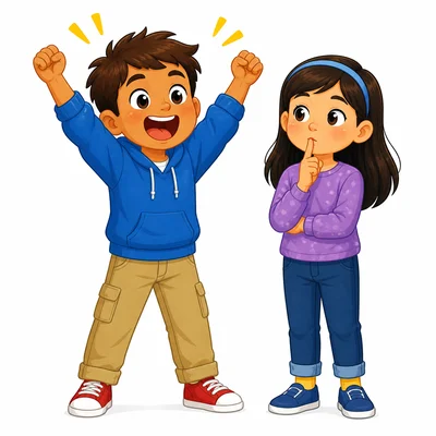 One child cheers loudly while another child is quiet.