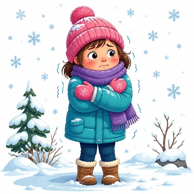 A child dressed warmly and shivering in the cold.