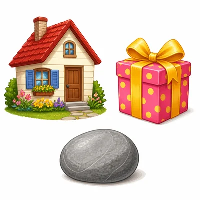 A house, a wrapped gift, and a stone.