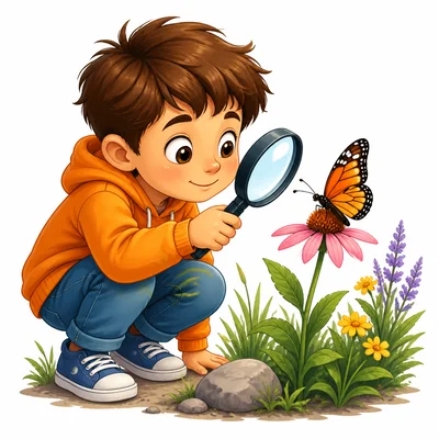 A child looking at a butterfly with a magnifying glass.