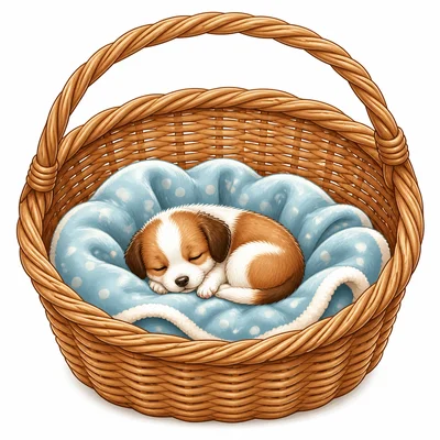 A small puppy sleeping in a basket.