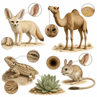 Desert animals showing adaptations for surviving extreme heat.