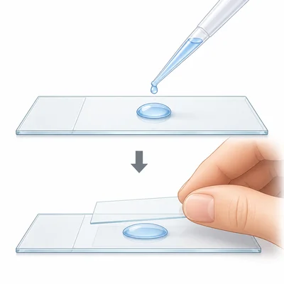 Lab slide preparation with a water drop added and a cover slip lowered onto the slide.