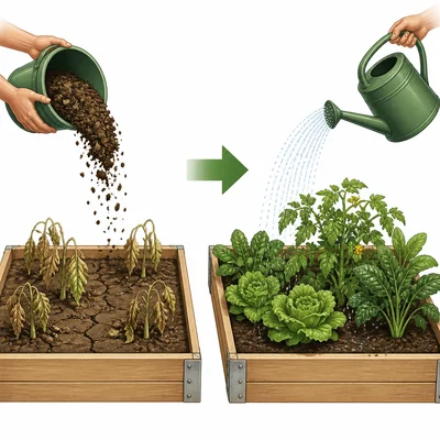 School garden improving from dry wilted plants to healthier plants after compost and watering.