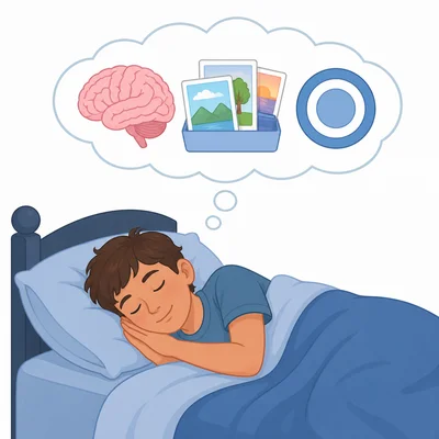 A sleeping student with icons suggesting brain health, memory, and focus.