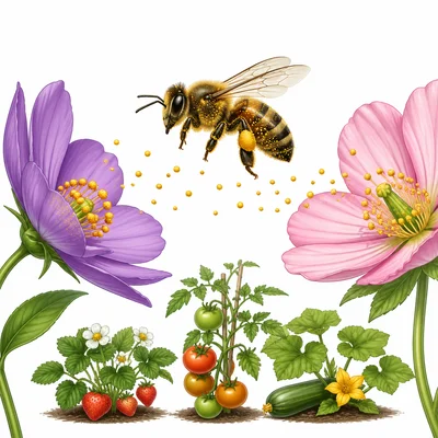 A bee carrying pollen between flowers with crop plants in the background.