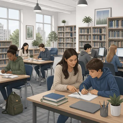 Students studying in a library with computers and a tutor helping with homework.