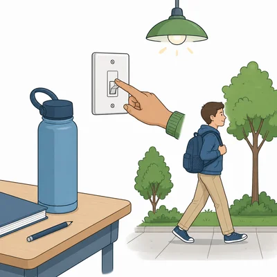 A reusable bottle, a light being switched off, and a student walking to show saving resources.