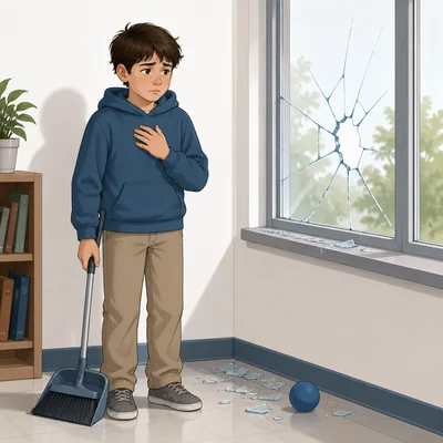 A worried student stands beside a broken window, suggesting an internal struggle.