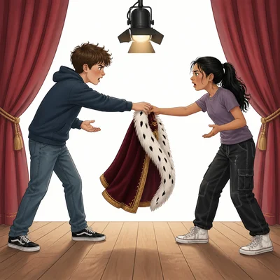 Two students argue on a school stage over the same lead role.