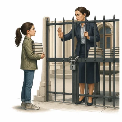 A girl holding books refuses to follow a rule blocking access to books.