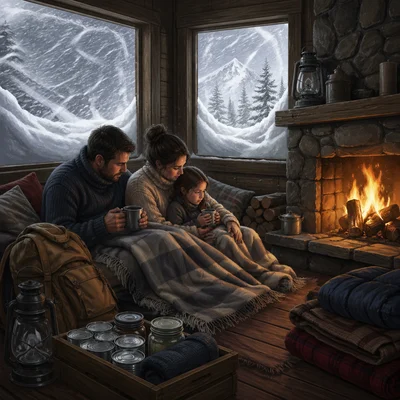 A family huddles in a cabin trapped by a powerful blizzard.