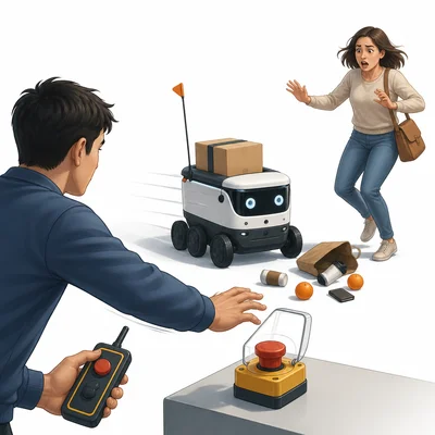 A person tries to stop a malfunctioning delivery robot before it causes harm.